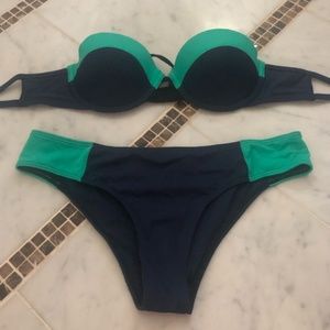 navy and turquoise bikini